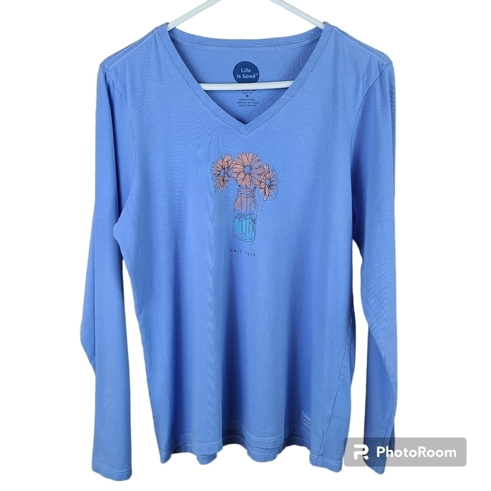 Life is Good Blue Long-Sleeve V-Neck Floral Tee
